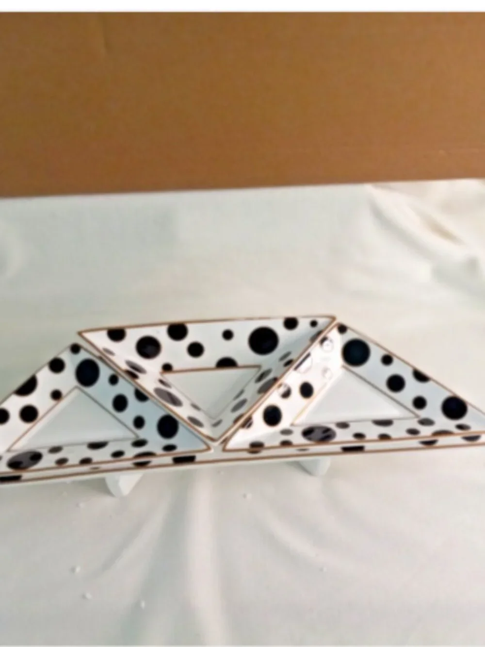 Triangle Divided Serving Tray Set of 3 w/ Stand Black White Polka Dot Porlien